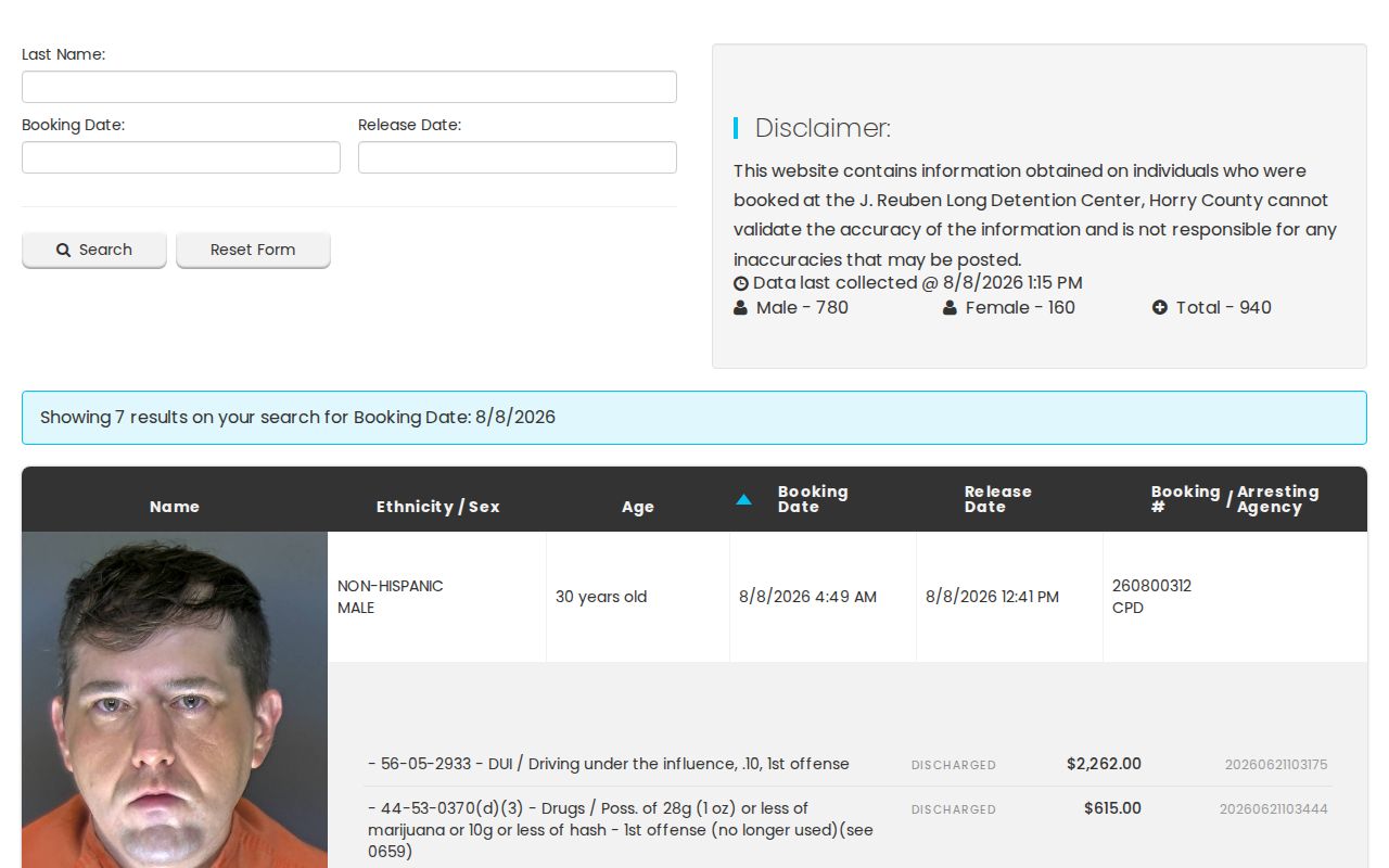 Official Horry County current arrest booking search