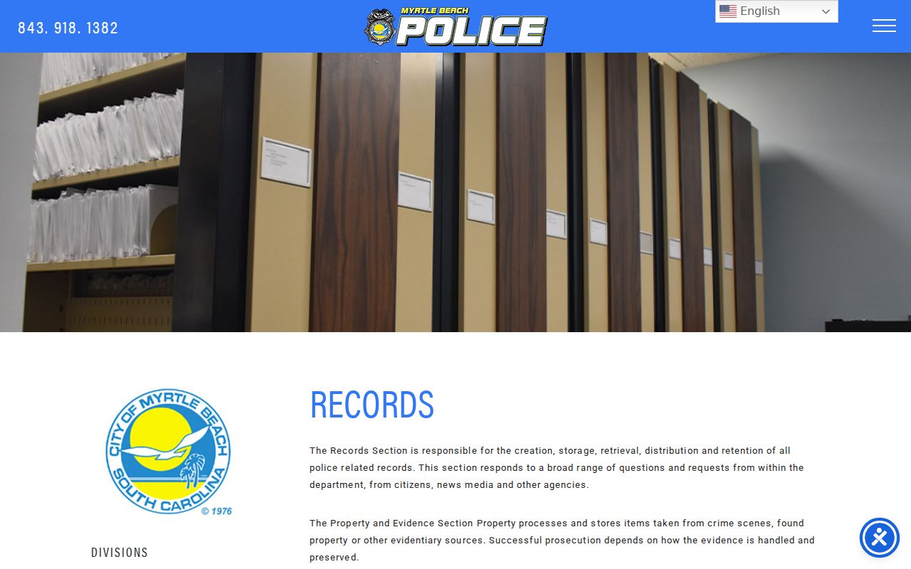 Myrtle Beach criminal records page for police report access