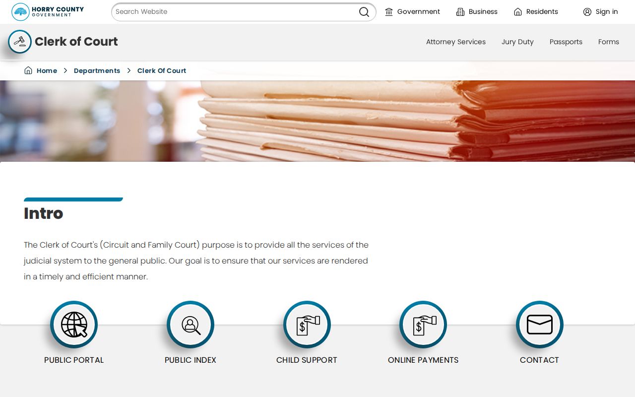 Horry County criminal court records Clerk of Court page