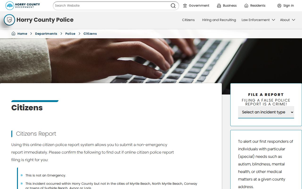 Horry County criminal records police report and fingerprint services